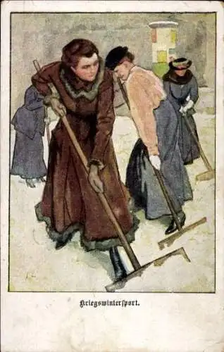 Künstler Ak Hellemann, Kriegswintersport, Frauen schaufeln Schnee