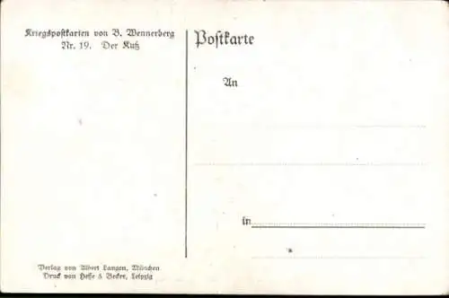 Künstler Ak Wennerberg, Bruno, Der Kuss, Abschied am Bahnhof, Soldaten, Kriegsausmarsch, I. WK