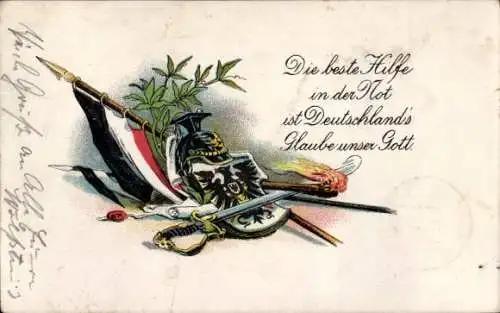 Ak Die beste Hilfe in der Not ist Deutschland's Glaube unser Gott, Wappen, Flagge, 1914-1916