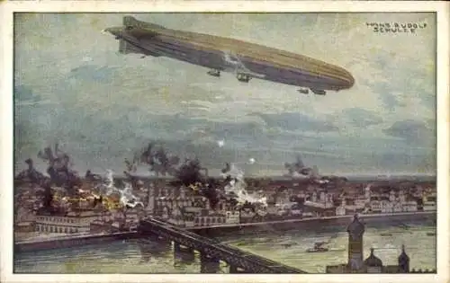 Künstler Ak Schulze, Hans Rudolf, Zeppelin, Luftschiff Schütte Lanz, Warschau bombardierend, I. WK