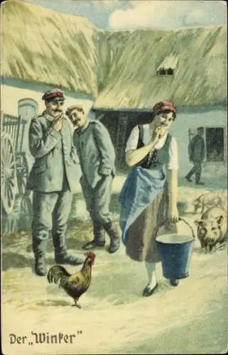 Künstler Ak Immer Fachmann, Nr. 7 Der Winker, flirtende Frauen, Bauernhof, Schweine