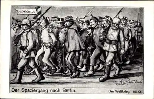 Künstler Ak Der Spaziergang nach Berlin, Der Weltkrieg No. 10, Kriegsgefangene und deutsche Wachen