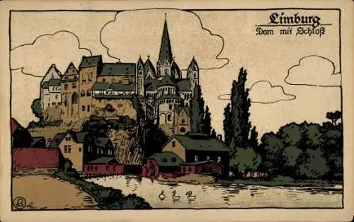 Steindruck Ak Limburg an der Lahn in Hessen, Dom mit Schloss