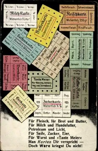 Ak Milchkarte, Butterkarte, Fleischkarte, Seifenkarte, Eierkarte, Wurstkarte, I. WK