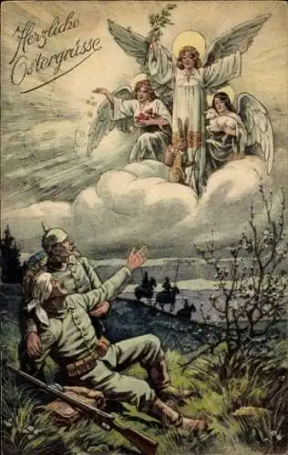 Ak Glückwunsch Ostern, Deutsche Soldaten, Schutzengel, Osterhase, I. WK