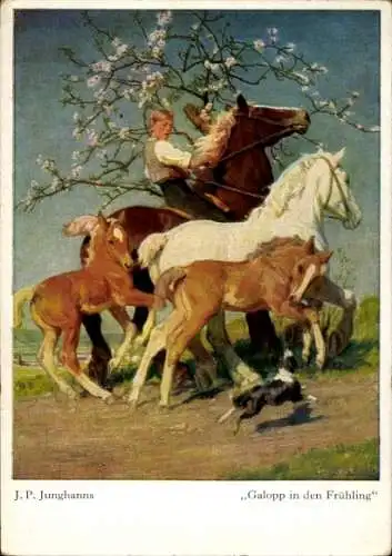 Künstler Ak Junghanns, J. P., Galopp in den Frühling, Pferde, Hund