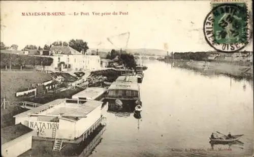 Ak Mantes sur Seine Yvelines, Hafen, Blick von der Brücke aus