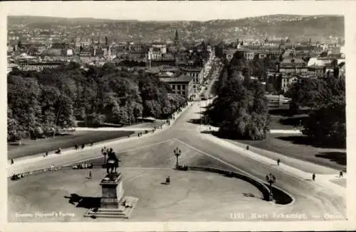 Ak Oslo Norwegen, Karl Johans gate, Denkmal, Luftbild