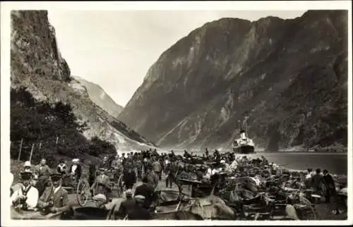 Ak Gudvangen Sognefjord Norwegen, Fjordpartie, Dampfer, Kutschen