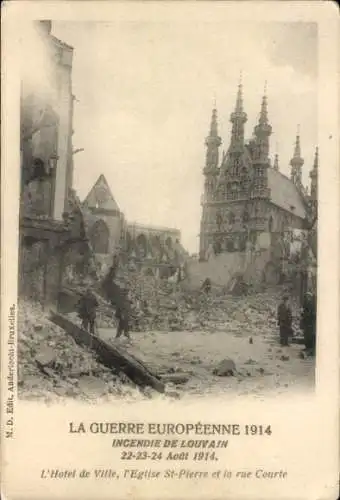 Ak Louvain Leuven Löwen Flandern Flämisch Brabant, Rathaus, Kirche, Trümmer