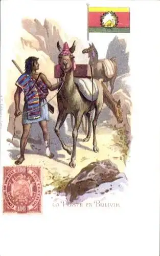 Briefmarken Litho Die Post in Bolivien, Mann mit Lamas