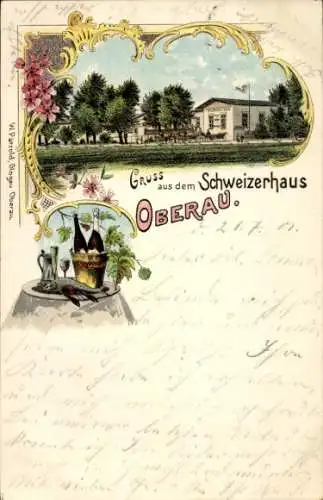 Litho Oberau in Oberbayern, Schweizerhaus, Getränke, Fisch