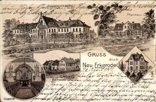 Litho Neu Erkerode Niedersachsen, Pfarrhaus, Bethesda, Kapelle