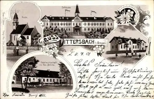 Litho Dzietrzychowice Dittersbach bei Sagan Żagań Schlesien, Kirche, Schloss, Gastwirtschaft