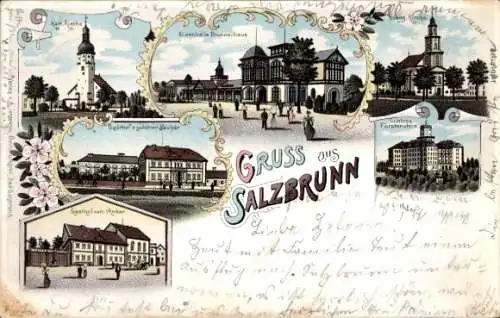 Litho Szczawno Zdrój Bad Salzbrunn Niederschlesien, Kirche, Elisenhalle Brunnenhaus