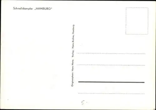 Ak Schnelldampfer Hamburg, HAPAG, Dampfschiff