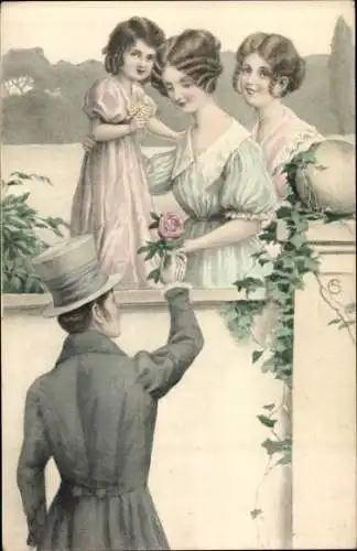 Litho Drei junge Frauen, Verehrer mit Rose, Efeu