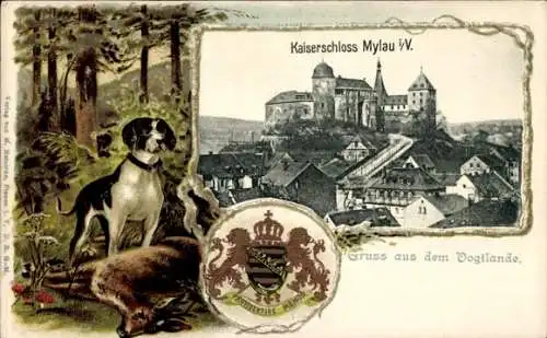 Präge Wappen Passepartout Ak Mylau Reichenbach im Vogtland, Kaiserschloss, Jagdszene