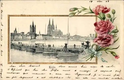 Präge Passepartout Ak Köln am Rhein, Rheinansicht, Schiffbrücke, Dom