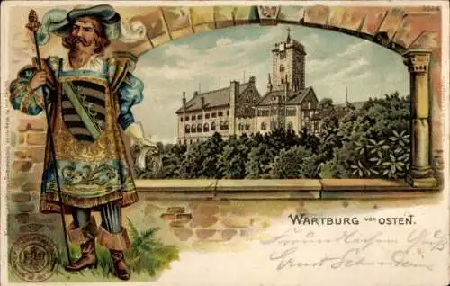 Präge Wappen Passepartout Litho Lutherstadt Eisenach in Thüringen, Wartburg von Osten