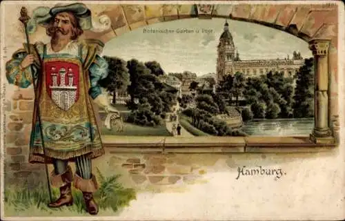 Präge Wappen Passepartout Litho Hamburg Mitte Neustadt, Botanischer Garten, Post