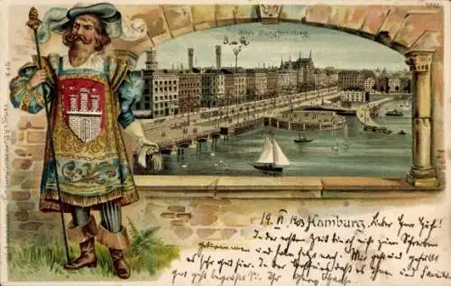 Präge Wappen Passepartout Litho Hamburg Mitte Neustadt, alter Jungfernstieg