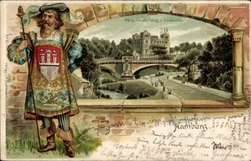 Präge Wappen Passepartout Litho Hamburg Mitte St. Pauli, Helgoländer Weg, Seewarte