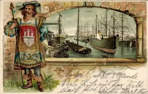 Präge Wappen Passepartout Litho  Hamburg, Hafen