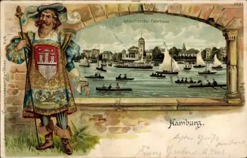 Präge Wappen Passepartout Litho Hamburg Nord Uhlenhorst, Uhlenhorster Fährhaus