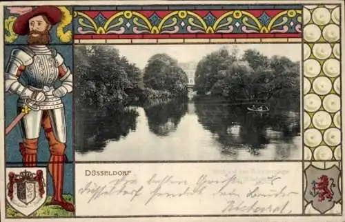 Präge Wappen Passepartout Ak Düsseldorf am Rhein, Teich, Schwanenspiegel, Ruderboot, Ritter