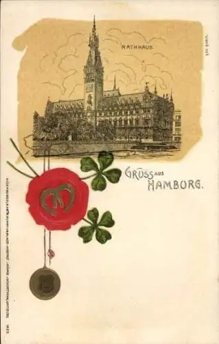 Litho Hamburg Mitte Altstadt, Rathaus, Kleeblätter, Hufeisen, Siegel