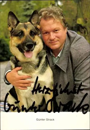 Ak Schauspieler Günter Strack mit Schäferhund, Portrait, Autogramm