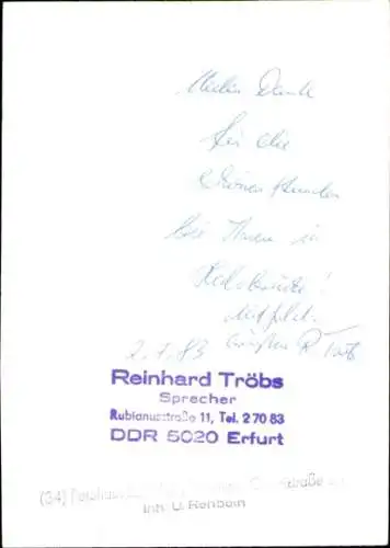 Ak Schauspieler und Sprecher Reinhard Tröbs, Portrait, Autogramm