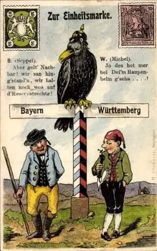 Briefmarken Litho Einheitsmarke, Bayern, Württemberg, Trachten, Adler