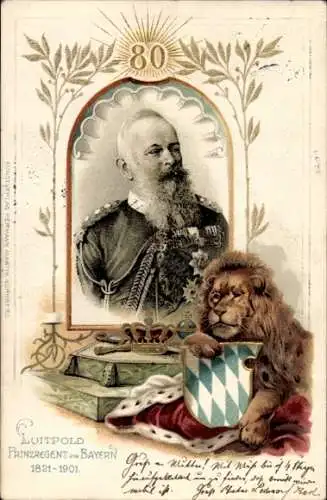 Präge Litho Luitpold Prinzregent von Bayern, Portrait, Löwe, Wappen