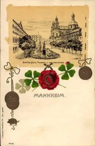 Präge Litho Mannheim in Baden, Schillerplatz, Theater, Jesuitenkirche