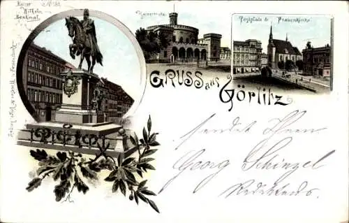 Litho Görlitz in der Lausitz, Kaiser Wilhelm Denkmal, Hauptwache, Frauenkirche, Postplatz