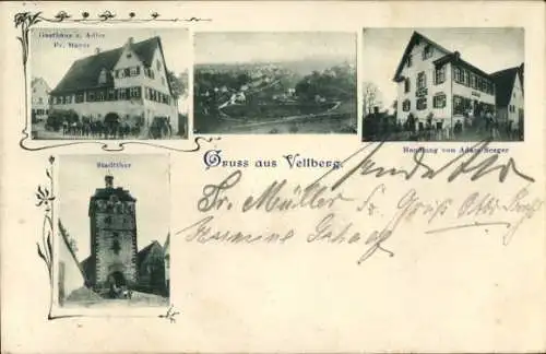 Ak Vellberg in Württemberg, Gasthaus zum Adler, Geschäftshaus Adam Seeger, Stadttor, Panorama