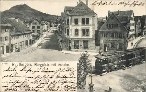 Ak Reutlingen in Württemberg, Burgplatz, Burg Achalm, Gasthaus, Straßenbahn