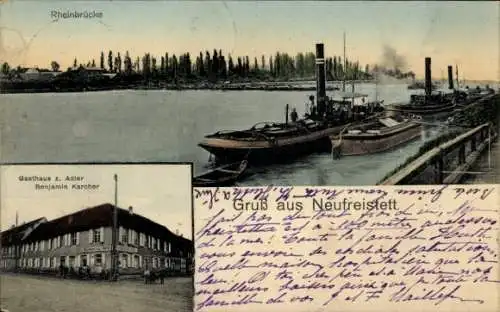 Ak Neufreistett Freistett Rheinau in Baden, Rheinbrücke, Gasthaus zum Adler