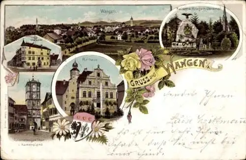 Litho Wangen im Allgäu, Kaiserdenkmal, Rathaus, Ravensburger Tor, Kriegerdenkmal