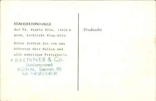 Ak Köln am Rhein, Stahlbetonhalle, Architekt Klag, Fa. Exakta