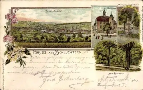 Litho Schlüchtern in Hessen, Gesamtansicht, Rathaus, Brunnen, Denkmal