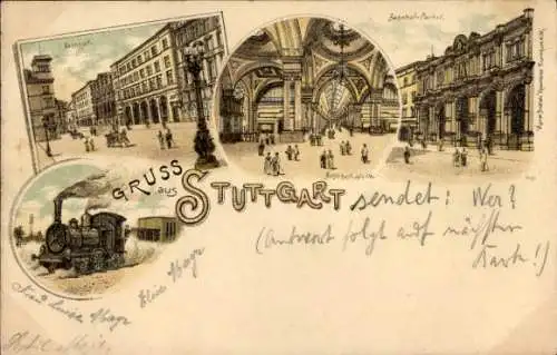 Litho Stuttgart in Württemberg, Bahnhof Portal, Halle, Dampflok