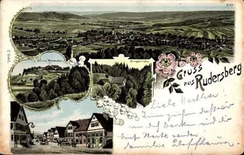 Litho Rudersberg in Württemberg, Panorama, Schloss, Marktplatz