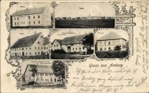 Ak Amberg in Schwaben, Pfarrhof, Schule, Mühle, Gasthof zum deutschen Kaiser, Totale