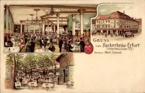 Litho Erfurt in Thüringen, Hackerbräu, Hotel Rheinischer Hof, Inh. Albert Schmidt