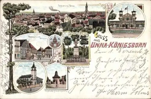 Litho Königsborn Unna im Ruhrgebiet, Marktplatz, Denkmal, Badehaus, Trinkhalle, Wappen