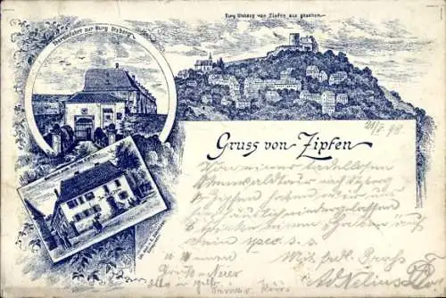 Litho Zipfen Otzberg im Odenwald, Burg Ötzberg, Burgeinfahrt, Gasthof