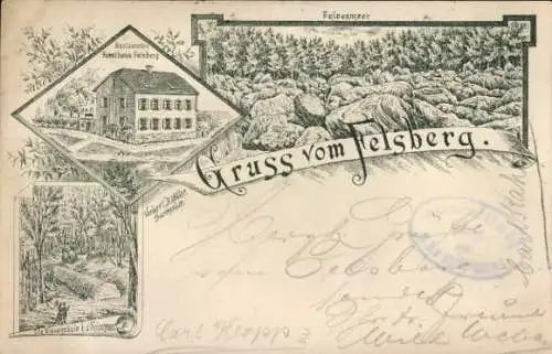 Litho Felsberg Lautertal im Odenwald, Felsenmeer, Restaurant Forsthaus Felsberg, Riesensäule